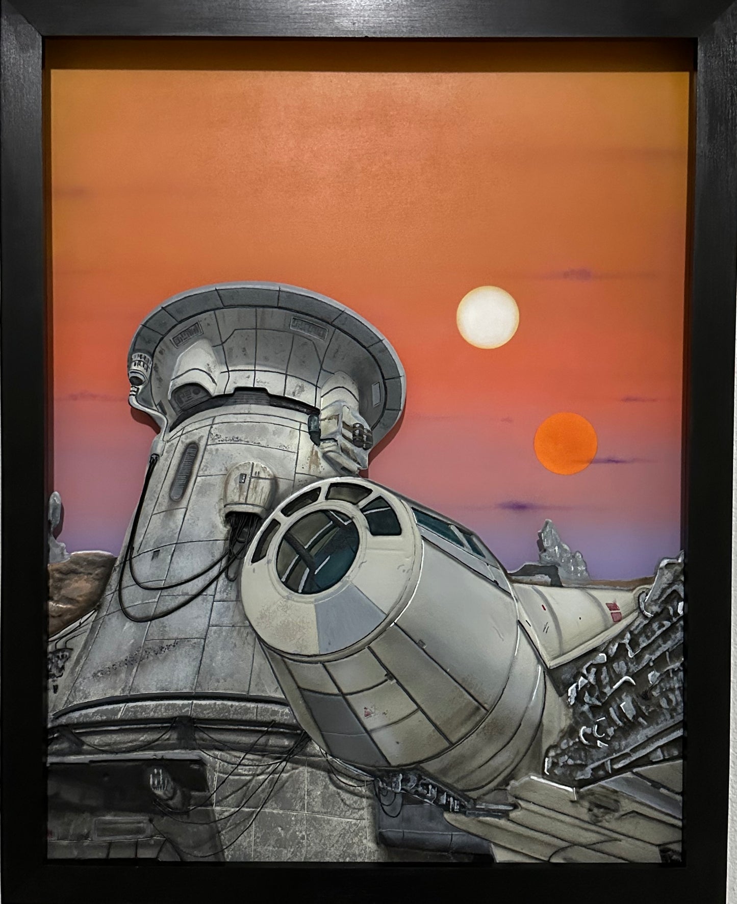 1. “Twin Suns Departure” – Limited Edition Illuminated Art Panel
Mixed Media | Backlit Canvas | Framed in Midnight Black Hardwood. Artist: Nick Valencia