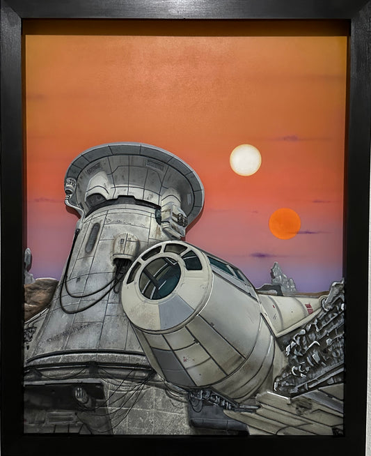 1. “Twin Suns Departure” – Limited Edition Illuminated Art Panel
Mixed Media | Backlit Canvas | Framed in Midnight Black Hardwood. Artist: Nick Valencia