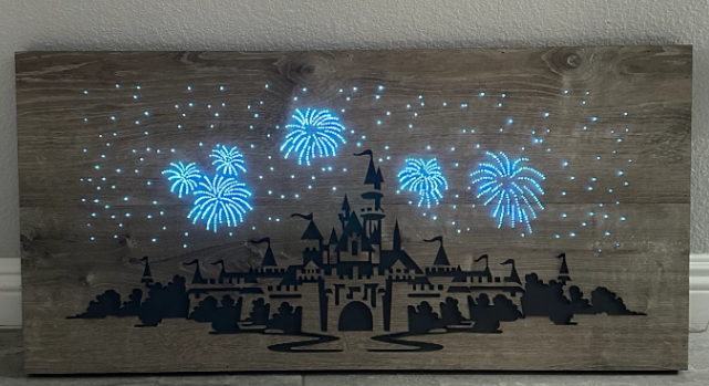 Wood Grained Castle with LED fireworks ~ Made To Order 33”x16”