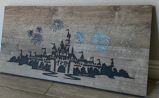 Wood Grained Castle with LED fireworks ~ Made To Order 33”x16”